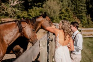 Washington wedding photographer capturing the bride and groom petting horses at Brown Family Homestead in Leavenworth, Washington