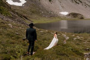 Couple taking elopement portraits at Bagley Lakes