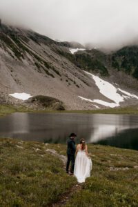 Couple taking elopement portraits at Bagley Lakes
