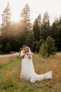 Bride and groom during golden hour at Brown Family Homestead